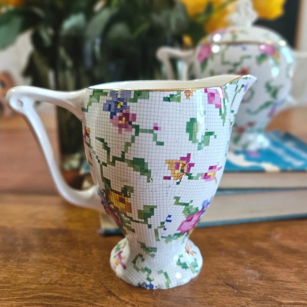 Vtg Windsor Erphila Petit Point Sugar Bowl Creamer Set West Germany Floral Gold